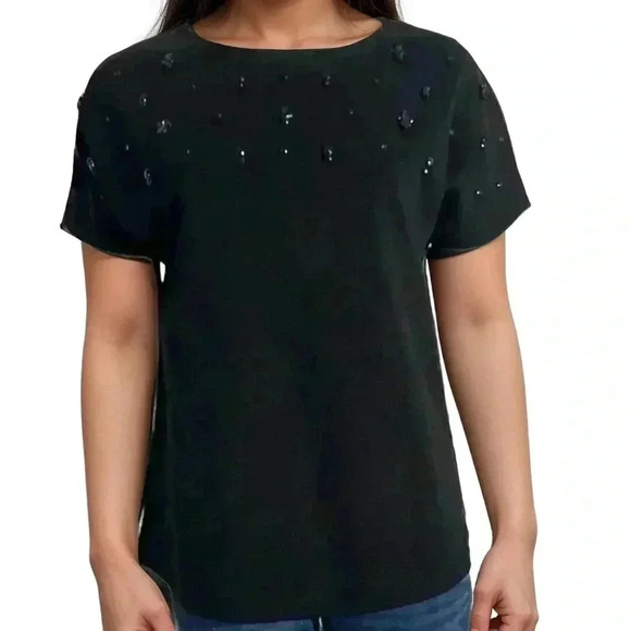 J.Crew Women's Black Embellished Rhinstone Short Sleeve Top Size Medium - Picture 1 of 11